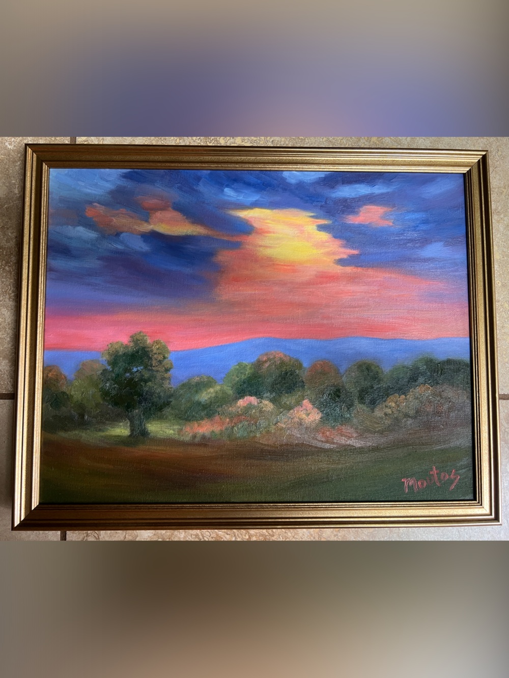 Original Framed Landscape Sunset Oil Painting - Pink, Blue, Yellow